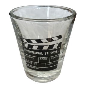 UNIVERSAL STUDIOS Clear SHOT GLASS, Director's Clapboard, 1.5 oz.  Souvenir.